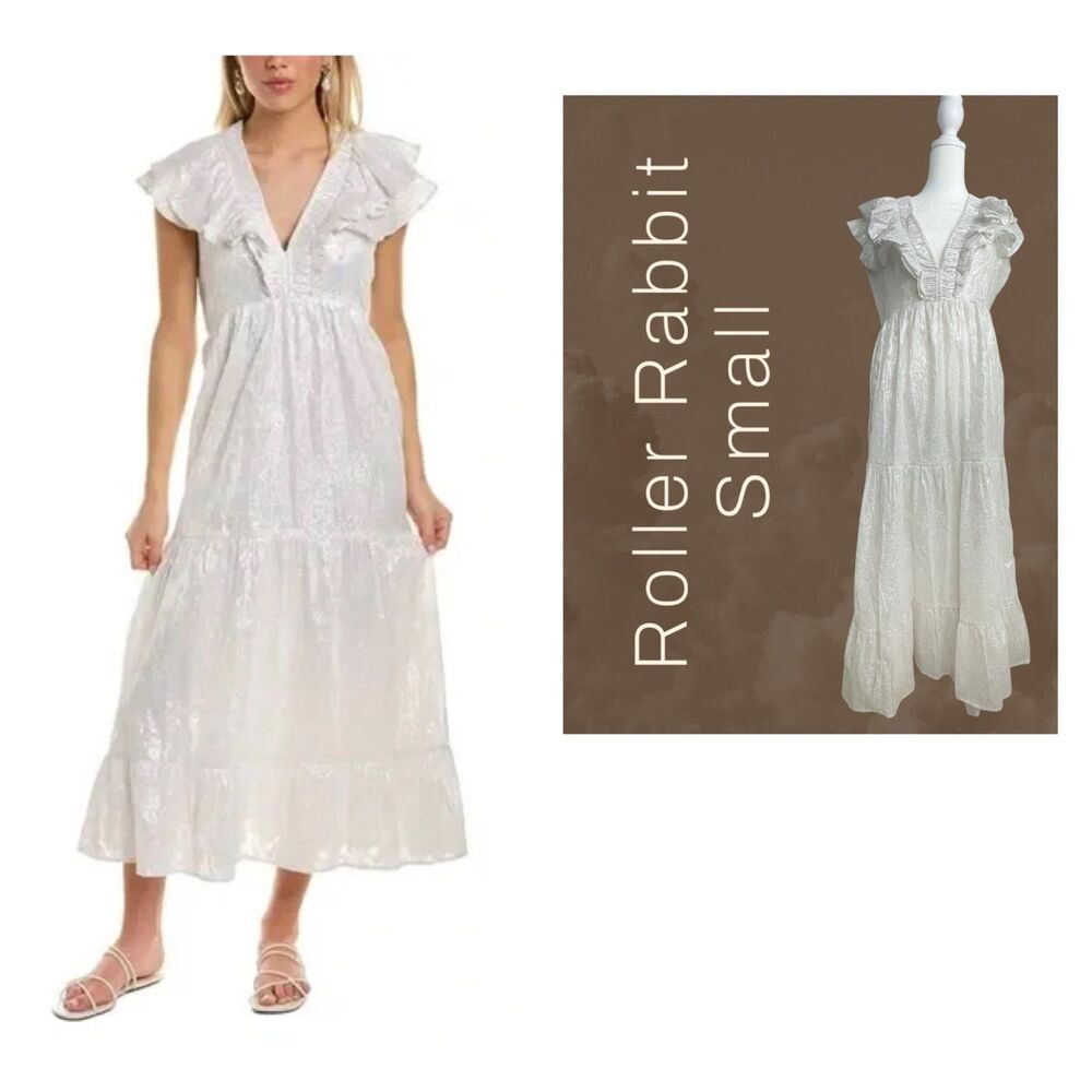 Roller Rabbit S Ondine Metallic Silver Ruffle Sleeve Midi Dress White READ DESCR